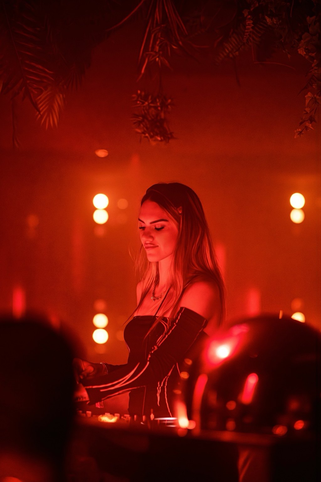 Sierra Bomba DJing in a red-lit room